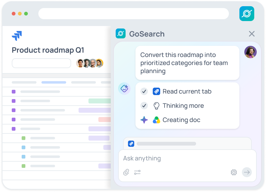 GoSearch AI chat search answers in the flow of work, using current-tab context inside Slack, Microsoft Teams, and the browser